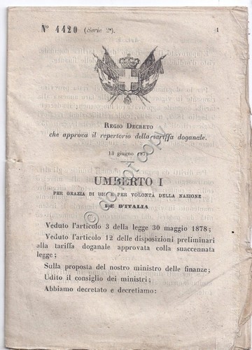 Regio Decreto 1878 Umberto I repertorio tariffa doganale 4420