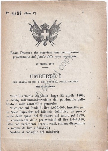 Regio Decreto 1878 Umberto I soldi e assegni al personale …