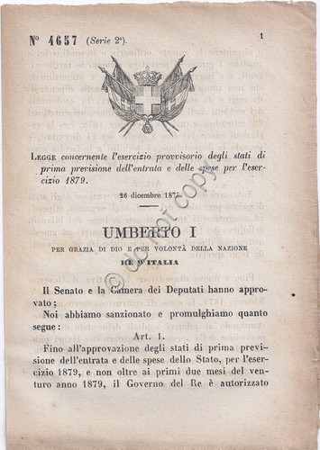 Regio Decreto 1878 Umberto I Spese esercizio 1879 n. 4657