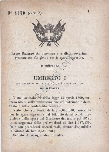 Regio Decreto 1878 Umberto I spese Ispezioni ordinate Ministero Missioni …