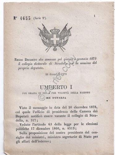 Regio Decreto 1878 Umberto I Stradella Collegio elettorale 4653