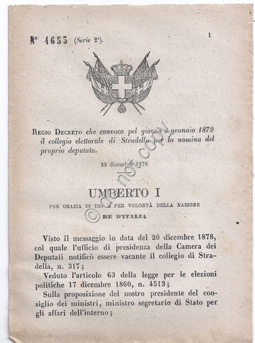 Regio Decreto 1878 Umberto I Stradella Collegio elettorale 4653