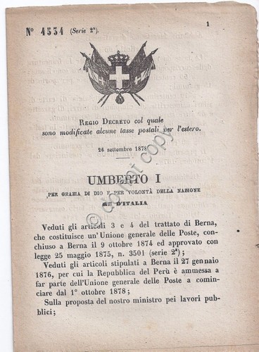 Regio Decreto 1878 Umberto I Tasse per affrancatura con destino …