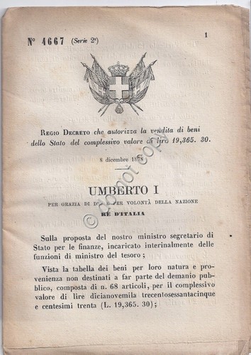 Regio Decreto 1878 Umberto I vendita dei beni dello Stato …