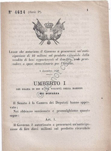 Regio Decreto 1878 Vendita beni demanio per spese esercito 4624