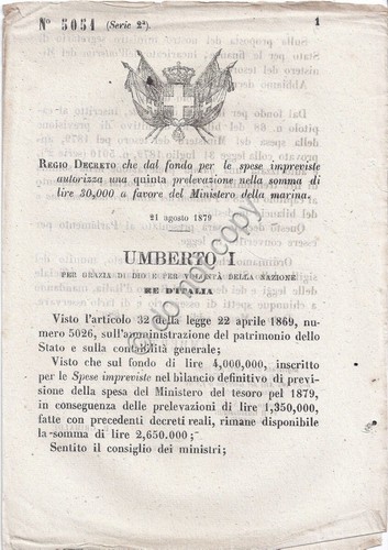 Regio Decreto 1879 - Umberto I - Prelevazione per Ministero …