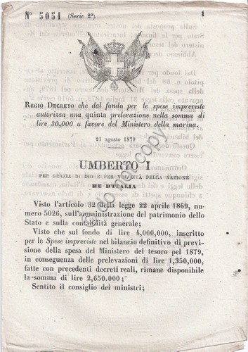 Regio Decreto 1879 - Umberto I - Prelevazione per Ministero …