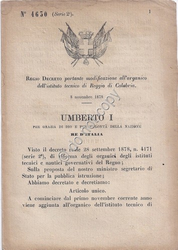 Regio Decreto 1879 Reggio Calabra Modificazione Organico Istituto Tecnico 4630