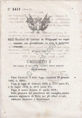 Regio Decreto 1879 Umberto I -Regio Consolato in Filippopoli 5059