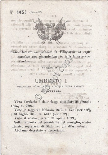 Regio Decreto 1879 Umberto I -Regio Consolato in Filippopoli 5059