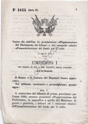 Regio Decreto 1879 Umberto I approvazione bilanci fondo per culto …