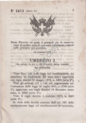 Regio Decreto 1879 Umberto I Archivi notarili provincie già pontificie …