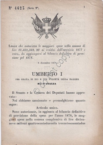Regio Decreto 1879 Umberto I Bilancio 1877 bilancio 1878 n.4623