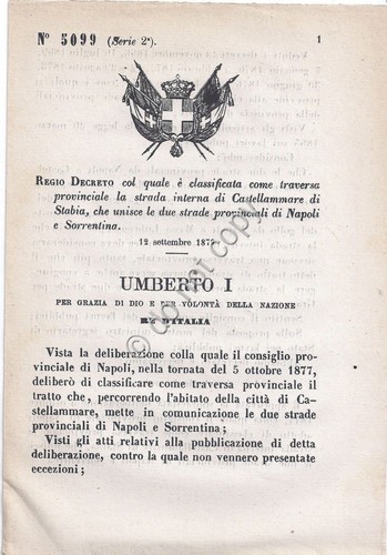 Regio Decreto 1879 Umberto I Castellamare di Stabia strada traversa …