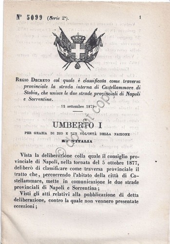 Regio Decreto 1879 Umberto I Castellamare di Stabia strada traversa …