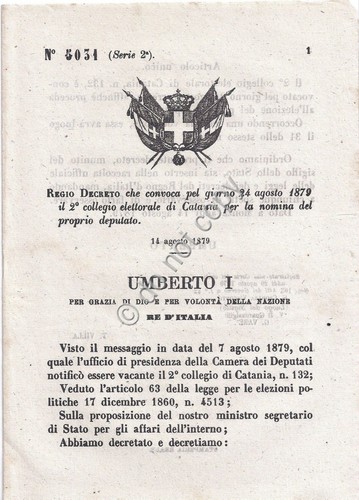 Regio Decreto 1879 Umberto I Catania per la nomina del …