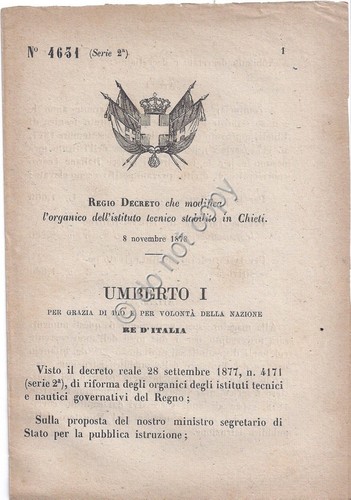 Regio Decreto 1879 Umberto I Chieti Organico Istituto tecnico 4631