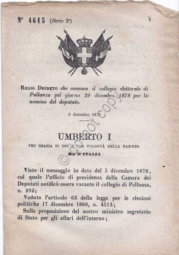Regio Decreto 1879 Umberto I Collegio elettorale di Pallanza 4615