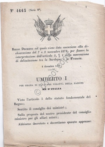 Regio Decreto 1879 Umberto I delimitazione tra Sardegna e Francia …
