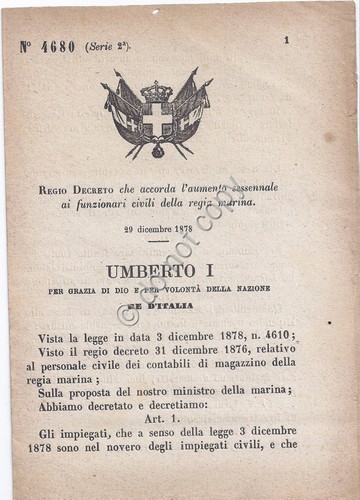 Regio Decreto 1879 Umberto I Funzionari civili regia marina aumento …