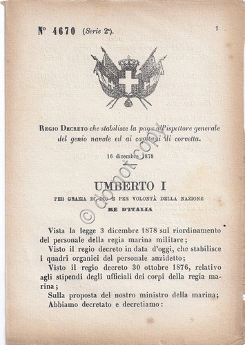 Regio Decreto 1879 Umberto I Genio navale paga ispettore capitani …