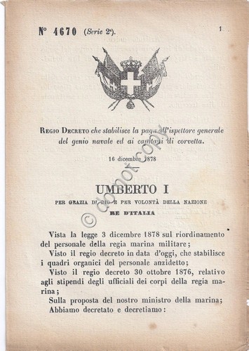 Regio Decreto 1879 Umberto I Genio navale paga ispettore capitani …