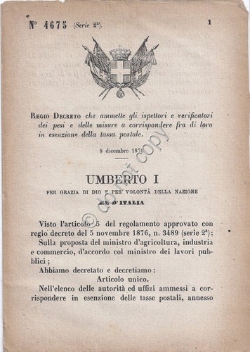 Regio Decreto 1879 Umberto I ispettori dei pesi in esenzione …