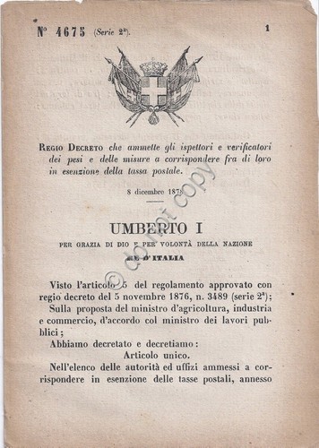 Regio Decreto 1879 Umberto I ispettori dei pesi in esenzione …
