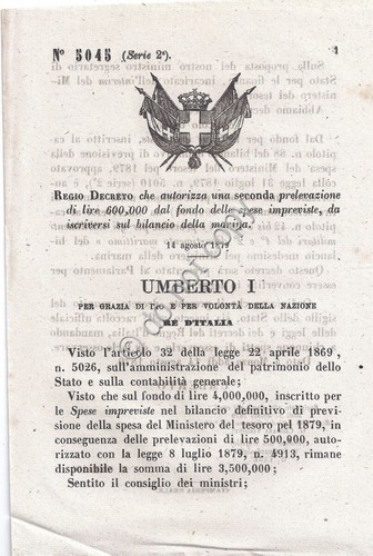 Regio Decreto 1879 Umberto I Marina Spese impreviste 5045