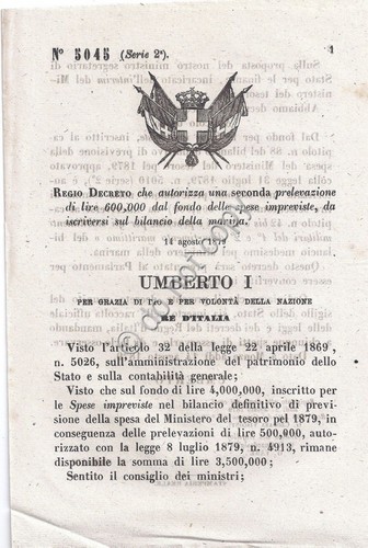 Regio Decreto 1879 Umberto I Marina Spese impreviste 5045
