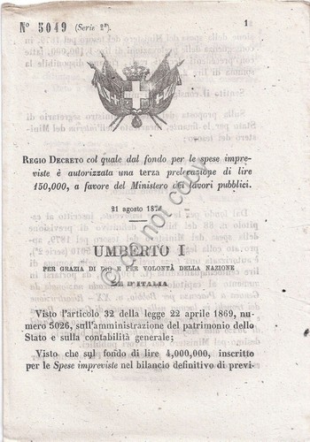 Regio Decreto 1879 Umberto I Ministero Lavori Pubblici prelevazione 5049