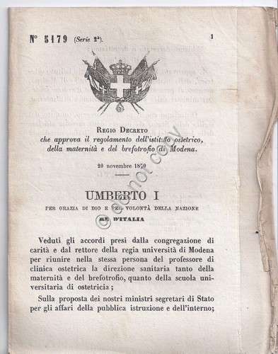 Regio Decreto 1879 Umberto I Modena Istituto ostetrico maternità brefotrofi …