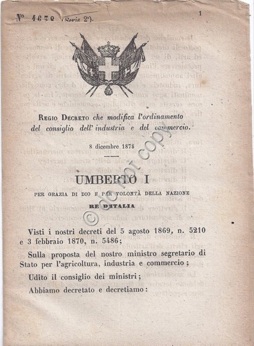 Regio Decreto 1879 Umberto I Ordinamento Consiglio Industria e commercio …