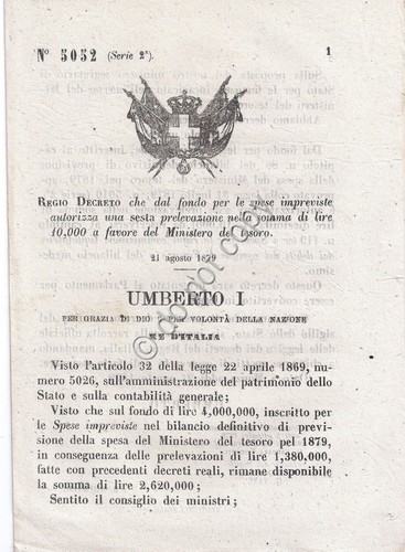 Regio Decreto 1879 Umberto I Prelevazione a favore Ministero del …