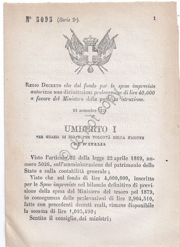 Regio Decreto 1879 Umberto I Prelevazione Ministero Pubblica Istruzione 5095