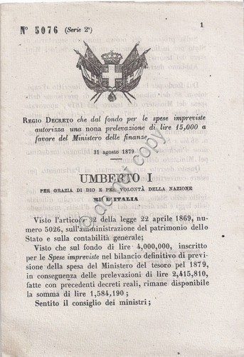 Regio Decreto 1879 Umberto I Prelevazione per Ministero Finanze 5076