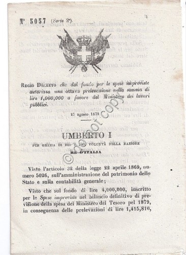 Regio Decreto 1879 Umberto I Prelevazione per Ministero lavori pubblici …