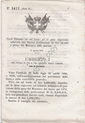 Regio Decreto 1879 Umberto I Prelevazione per Ministero Marina 5077
