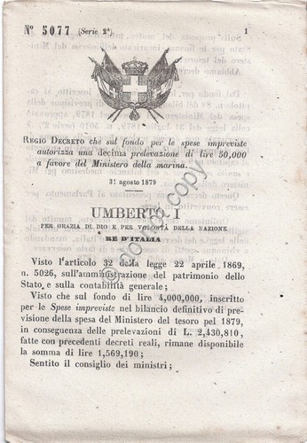 Regio Decreto 1879 Umberto I Prelevazione per Ministero Marina 5077