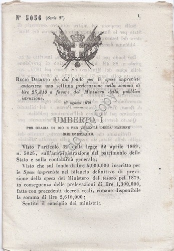 Regio Decreto 1879 Umberto I Prelevazione per Ministero pubblica istruzione …