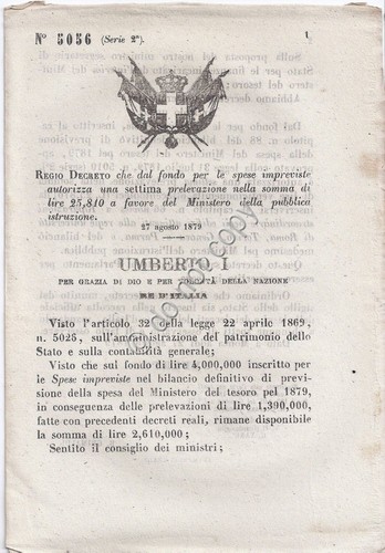 Regio Decreto 1879 Umberto I Prelevazione per Ministero pubblica istruzione …