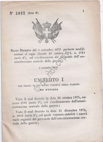Regio Decreto 1879 Umberto I Riordinamento personale della guerra 5082
