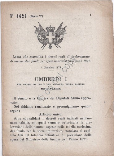 Regio Decreto 1879 Umberto I Spese impreviste 1877 n.4622