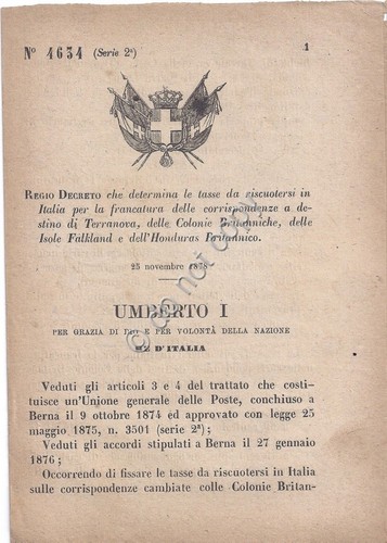 Regio Decreto 1879 Umberto I Tasse postali corrispondenza Terranova Colonie …