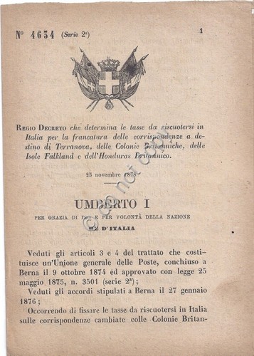 Regio Decreto 1879 Umberto I Tasse postali corrispondenza Terranova Colonie …