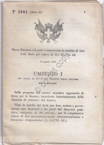 Regio Decreto 1879 Umberto I Vendita di beni dello Stato …