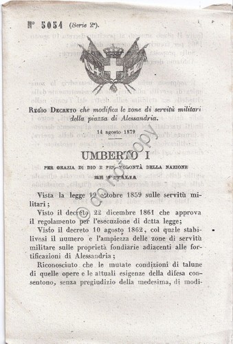 Regio Decreto 1879 Umberto I zone servizi militari Alessandria 5054