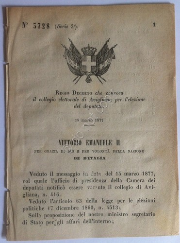 Regio Decreto 3728 Convocazione collegio elettorale di Avigliana 1877