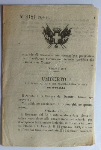 Regio Decreto 4729 - Convenzione trattamento daziario Italia Francia - …