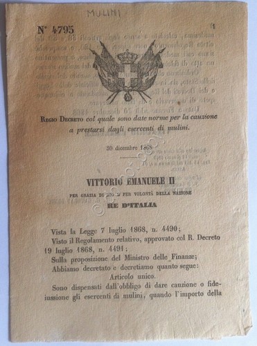 Regio Decreto 4795 Cauzione a presentarsi dagli esercenti di Mulini …